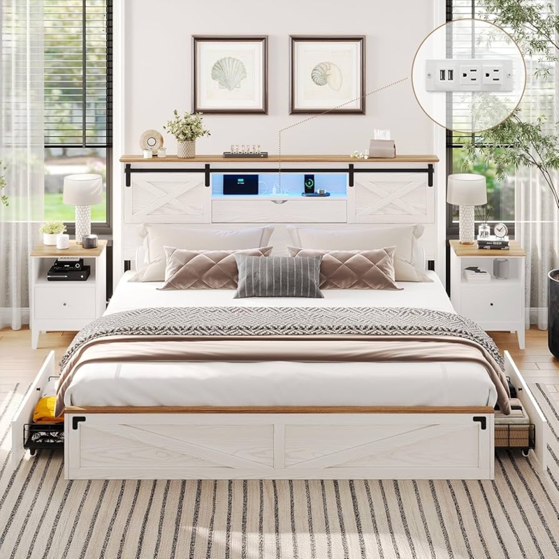 Storage Bed with Bookcase Headboard and Sliding Barn Door accents