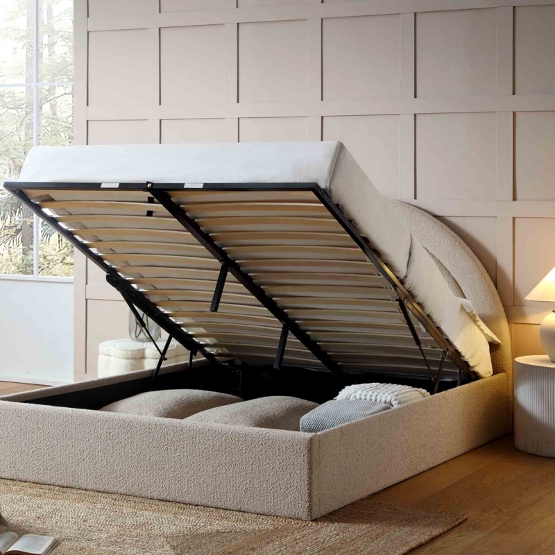Storage Bed with Curved Silhouette, Vertical Channeling, and Boucle