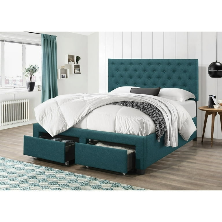 Storage Bed with Footboard Drawers in Navy Blue Upholstery