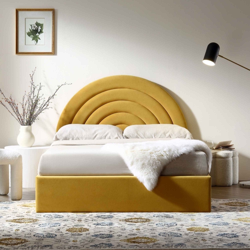 Storage Bed with Hidden Ottoman in Mustard Yellow Velvet