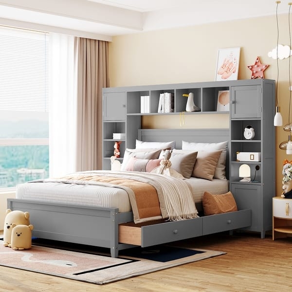 Storage Bed with Integrated Cabinet & Headboard Shelving, Gray Finish