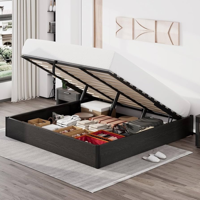 Storage Bed with Lift-Up Hydraulic Mechanism, Black Metal Frame