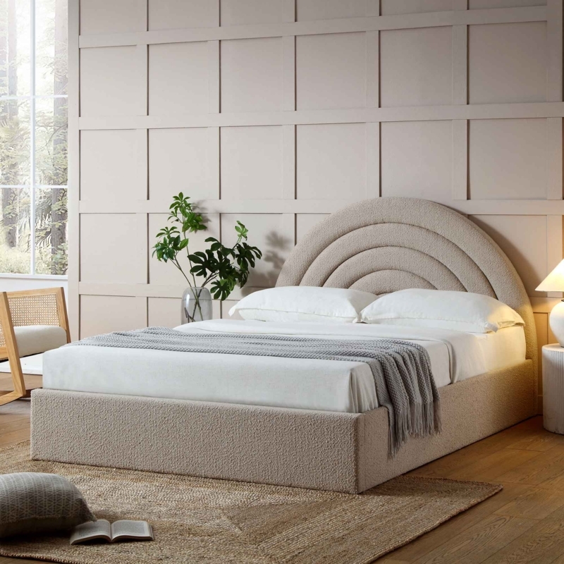 Storage Bed with Ottoman Base, Boucle Texture, and Channeled Headboard