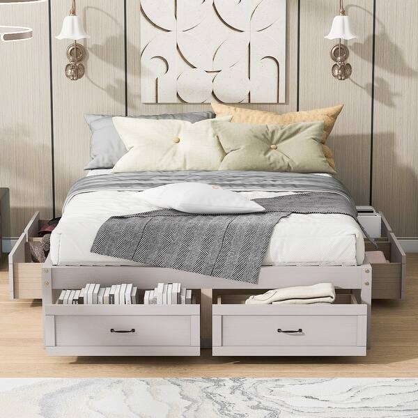 Storage Bed with Six Drawers, Slat Headboard, Antique White Finish