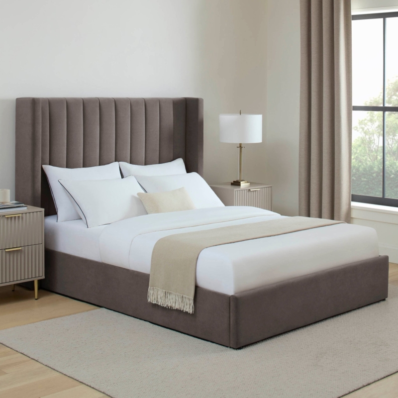 Storage Bed with Winged Headboard, Vertical Tufting, and Gas Lift