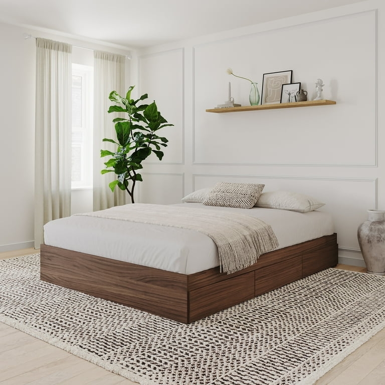 Storage Bed Wood Toned Handleless Pulls Modern Minimalist Platform