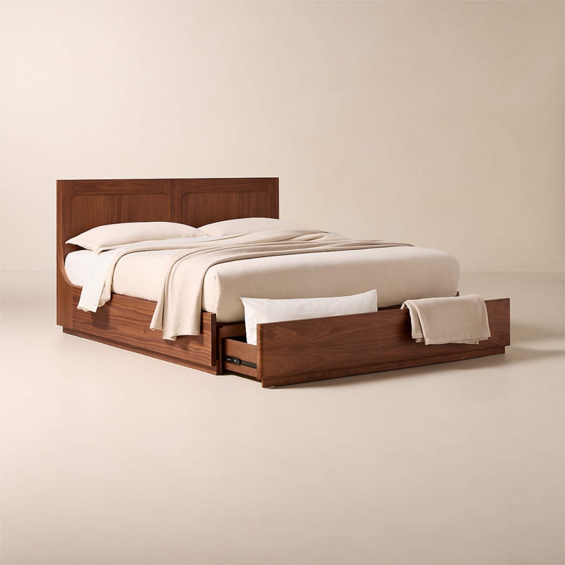 Storage Bed Wood Toned Integrated Drawers Gray Upholstered Headboard