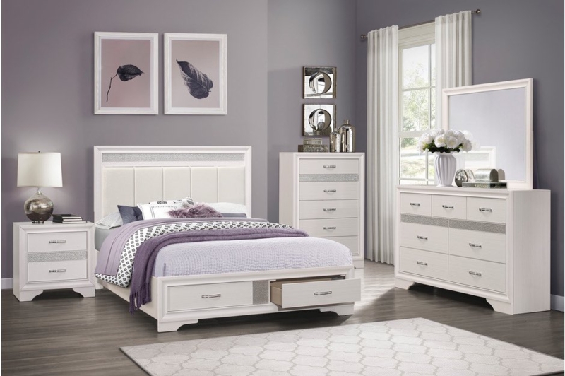 Storage Bedroom Set Diamond Tufted Headboard White Glam Style
