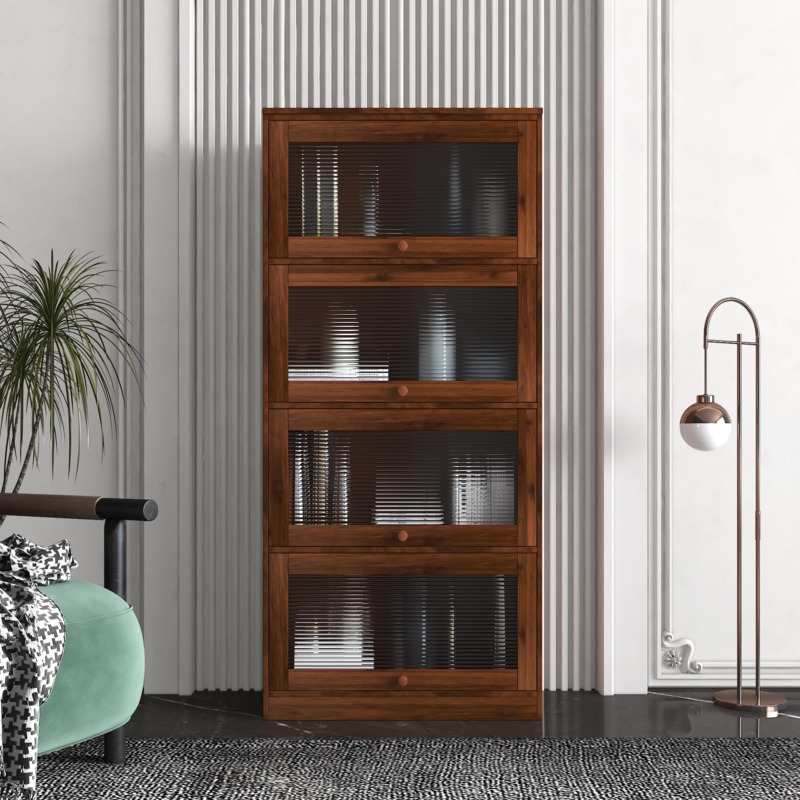 Storage Cabinet Fluted Glass Doors Gold Handles Contemporary