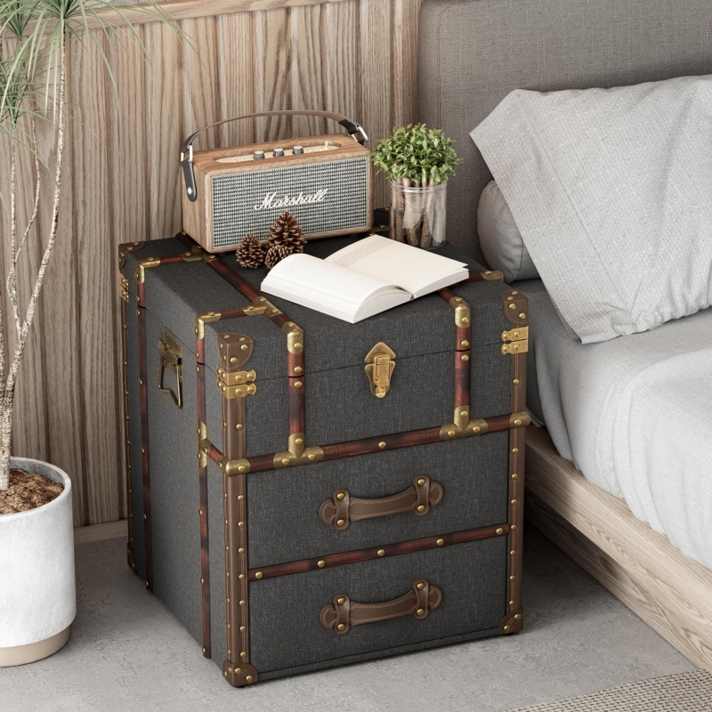 Storage Chest Grey Linen Upholstery with Buckle Straps