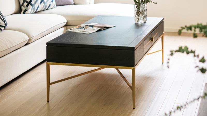 Storage Coffee Table in Espresso Wood Grain with Gold Sled Base