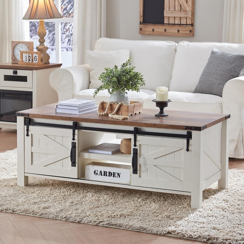 Storage Coffee Table with Sliding Barn Doors and Open Cubby