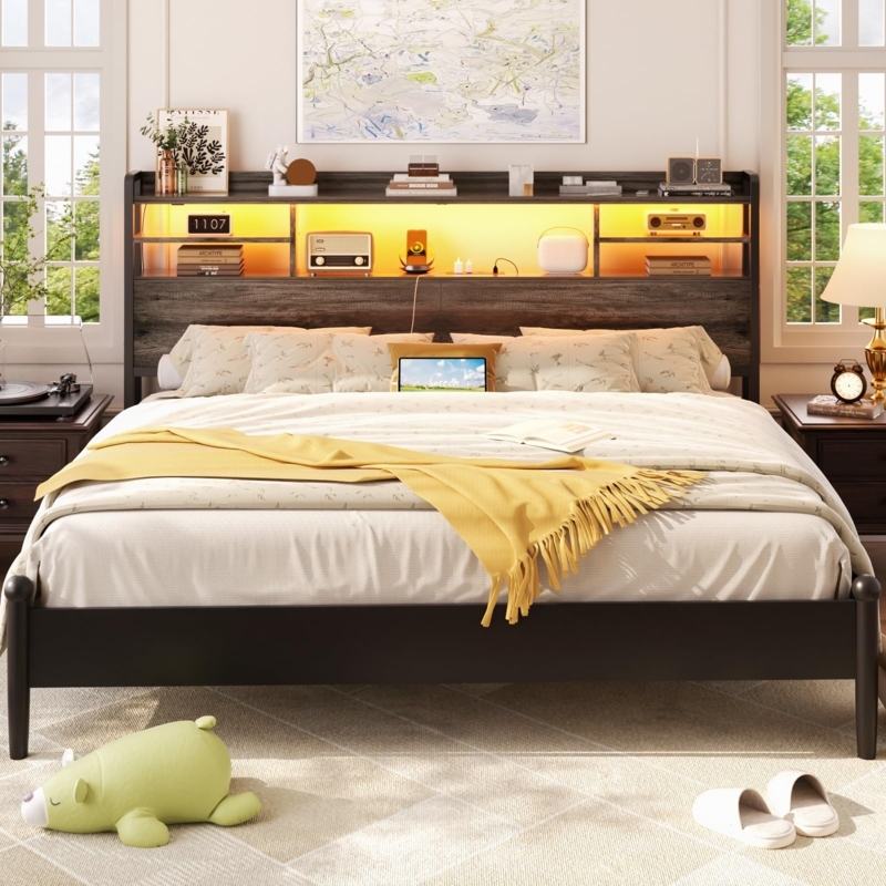 Storage Headboard with Built-in Power Station & LED Lighting, Black Oak