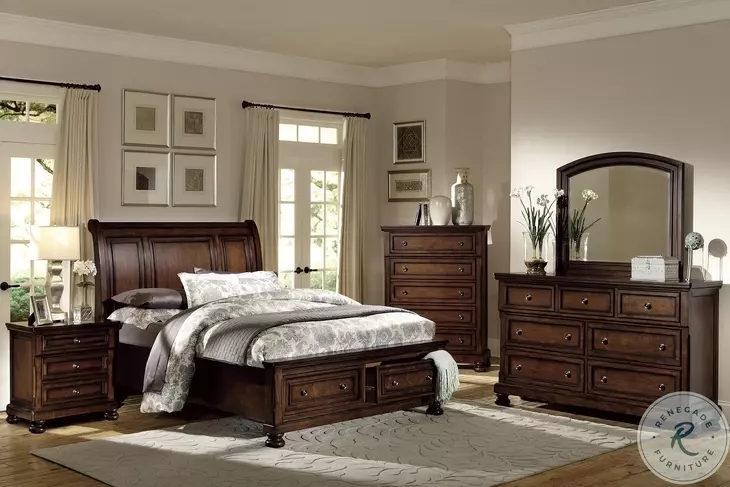 Storage Sleigh Bed Glossy Cherry Finish Traditional Youth Bedroom Set