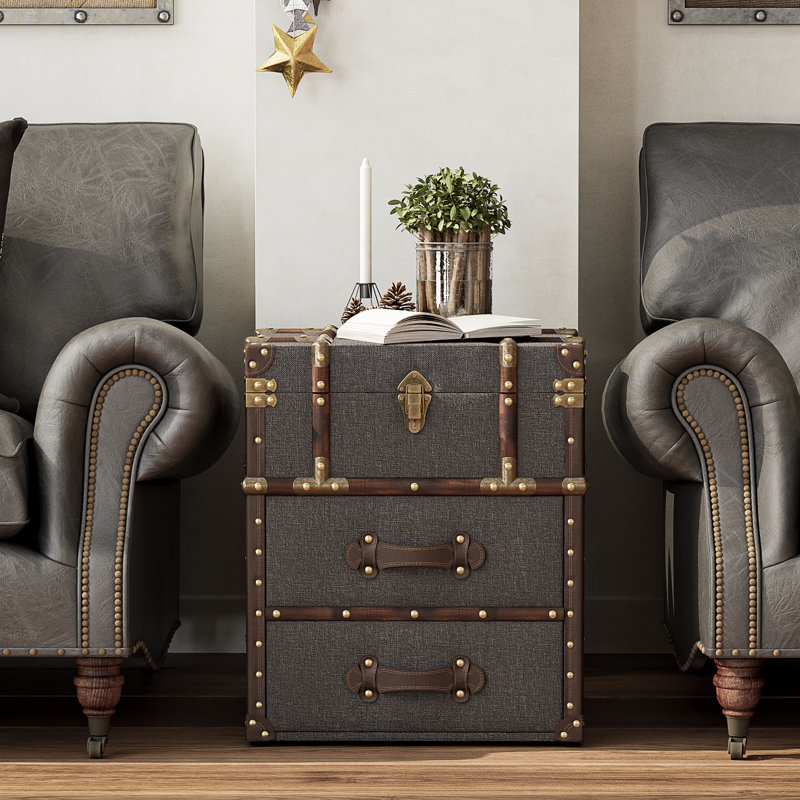 Storage Trunk Cream Linen Upholstery with Nailhead Trim Details