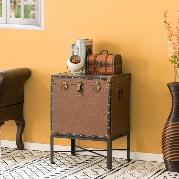 Storage Trunk Industrial Brown Faux Leather on Metal Stand
