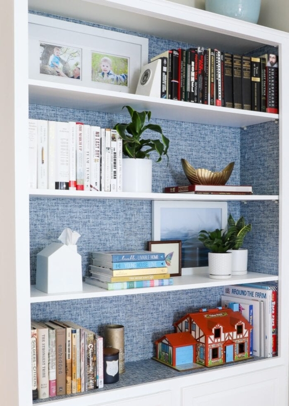 Styled Built-In Look Bookcase with Woven Baskets and Organized Bins