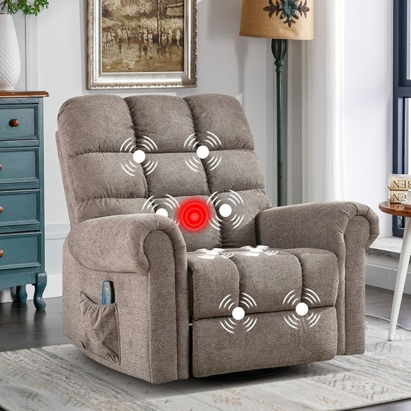 Swivel Recliner Beige Overstuffed Cushions Pillow Top Arms Cozy