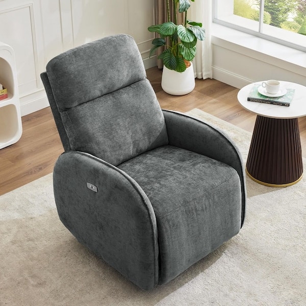 Swivel Recliner Chenille Upholstery Wingback Gray Power Nursery Chair