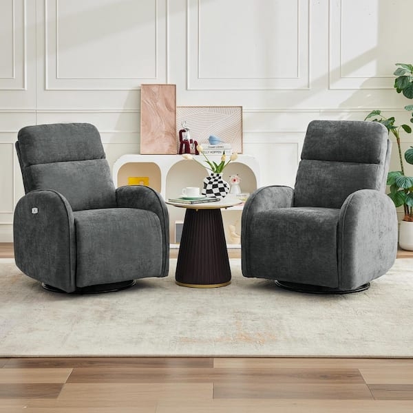 Swivel Recliner Induction Light Strip Power Base Gray Chenille Chair