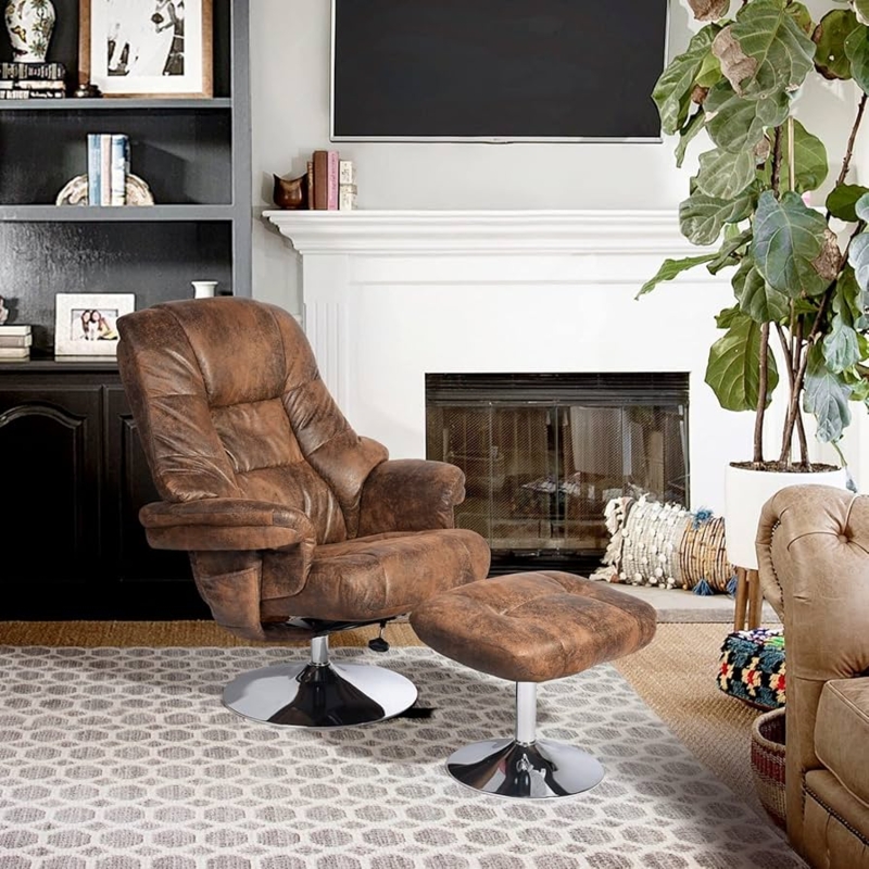 Swivel Recliner Set Distressed Brown Circular Chrome Base