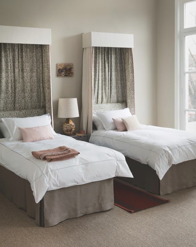 Symmetrical Twin Bedroom Layout with Navy Upholstered Headboards.