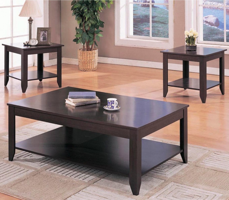 Table Set with Shelves Cappuccino Wood 3-Piece Living Room Group
