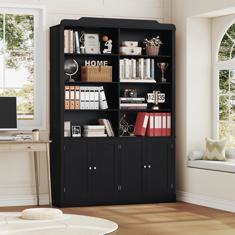 Tall Black Bookcase 6-Tier Double Row 4-Door Cabinetry