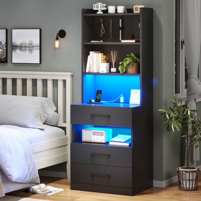 Tall Black Bookshelf Nightstand with LED and Picket Rail