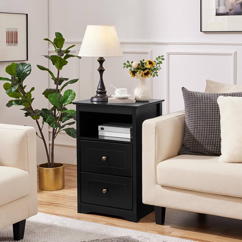 Tall Black Nightstand Open Cubby Storage Transitional Bedside Table