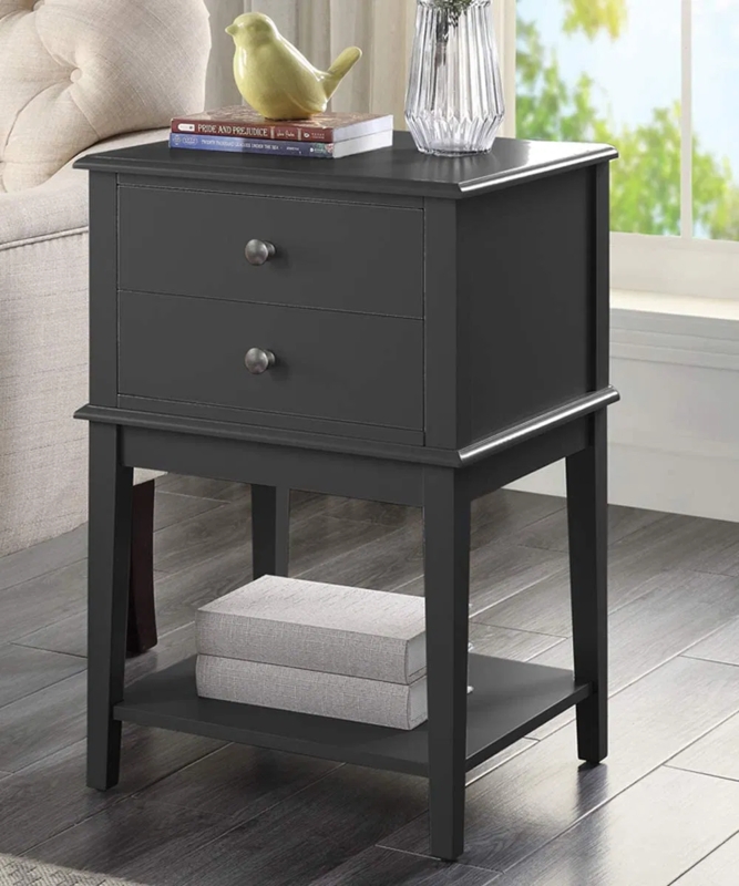 Tall Black Nightstand with Gold Pulls and Open Shelf