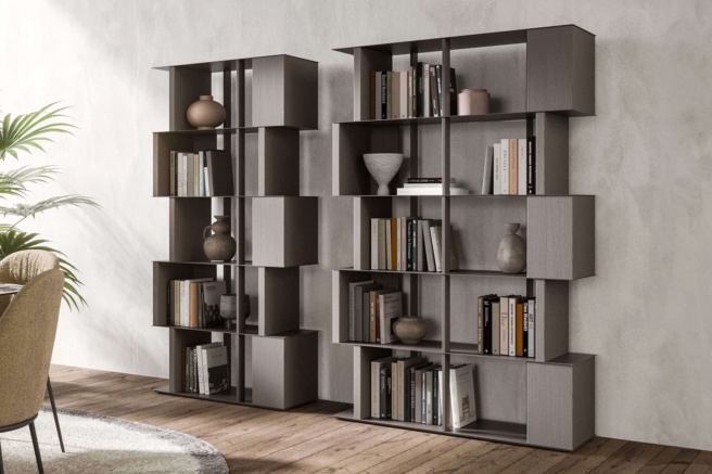 Tall Bookcase with Staggered Shelves and Black Metal Frame Design