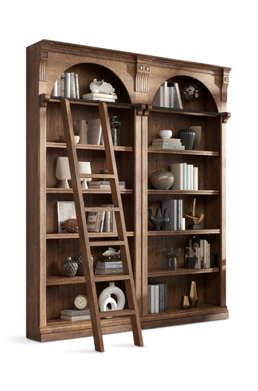 Tall Double Bookcase with Rolling Library Ladder & Lower Drawers
