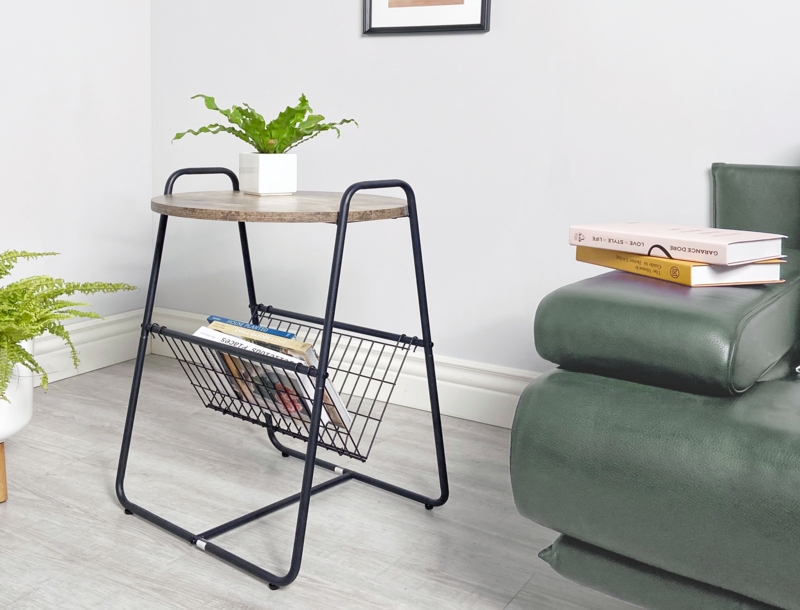 Tall End Table Round Matte Black Metal Sled Base