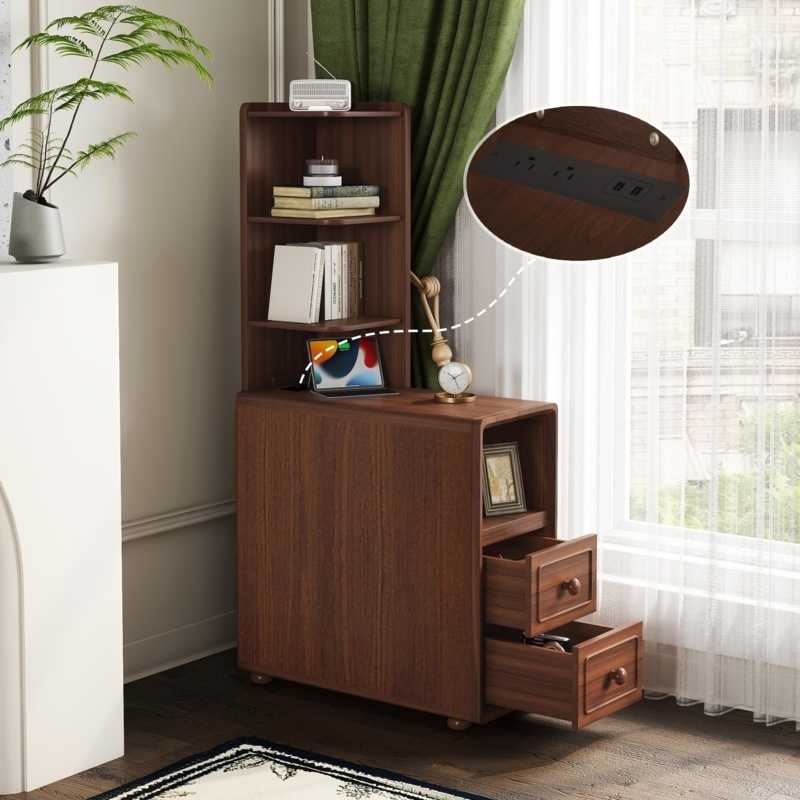 Tall End Table with Charging Station, Slim Walnut Drawers and Shelves