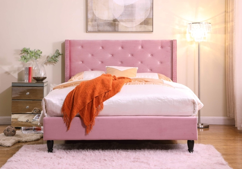 Tall Headboard Platform Bed with Diamond Button Tufting