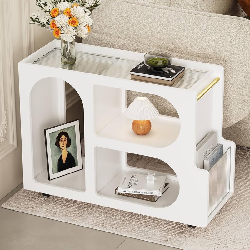 Tall Narrow Mobile End Table with Drawer and Lockable Wheels