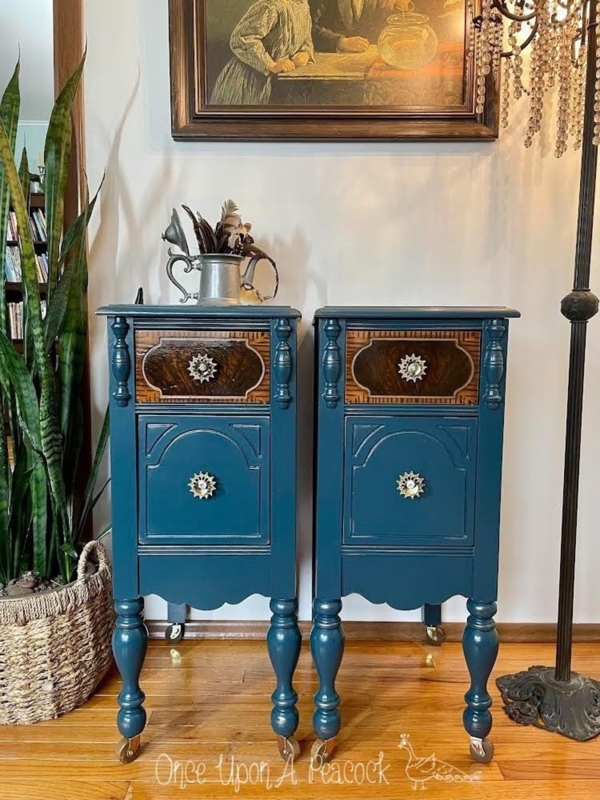 Tall Skinny Nightstand Pair with Distressed Cream Finish and Open Shelf
