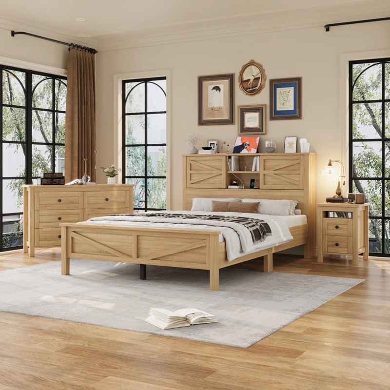 Tall Slatted Bedroom Set Dark Wood Upholstered Frame