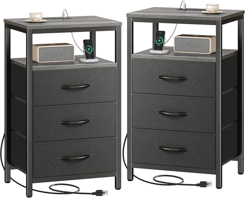 Tall Slim Nightstand with Fabric Drawers and Power Strip