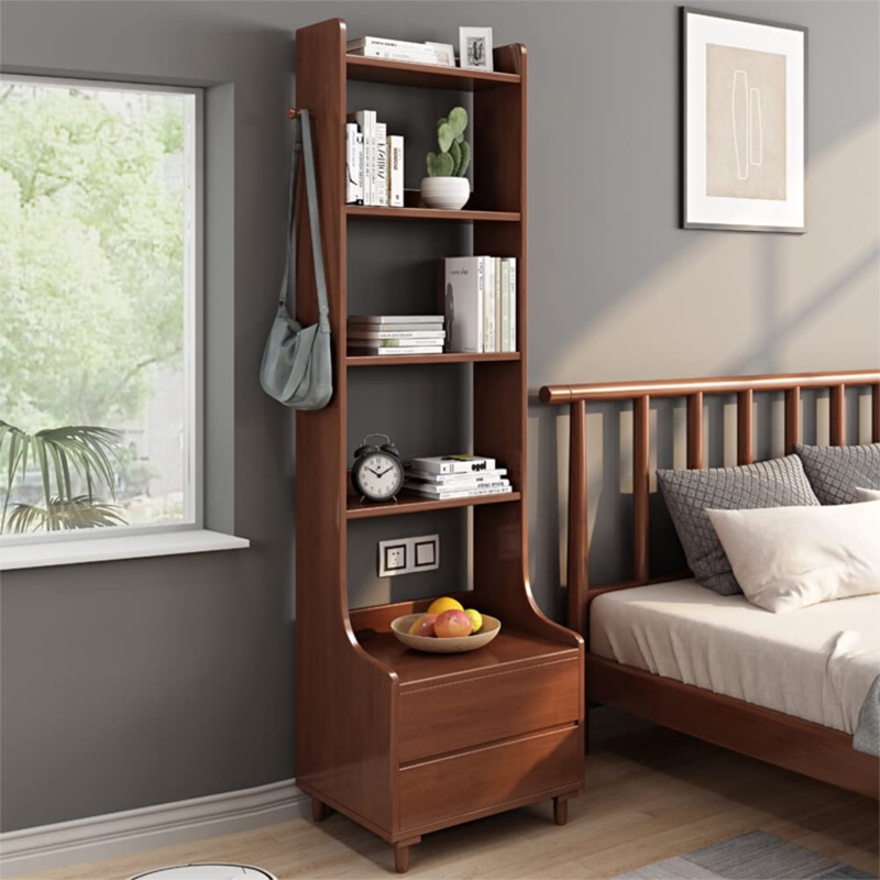 Tall Walnut Bedside Bookcase with Drawers and Open Shelving