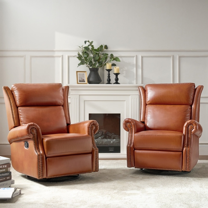 Tan Swivel Glider Recliner with Rolled Arms & Nailhead Trim