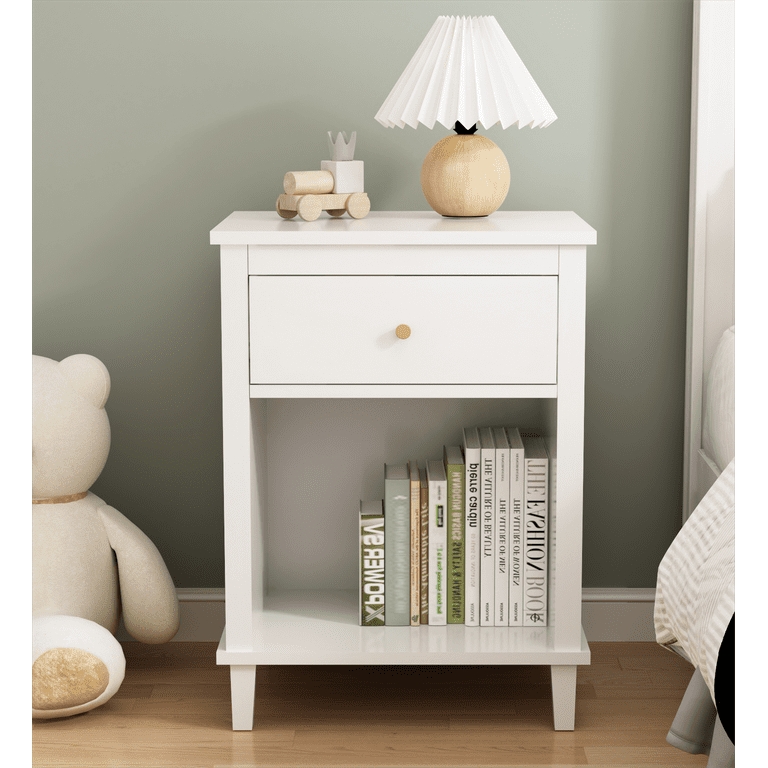 Tapered Leg Bedside Storage Nightstand White and Wood Tone Finish