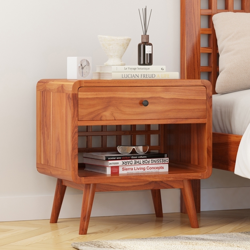 Teak Toned Nightstand with Two Drawers and Round Metal Knobs