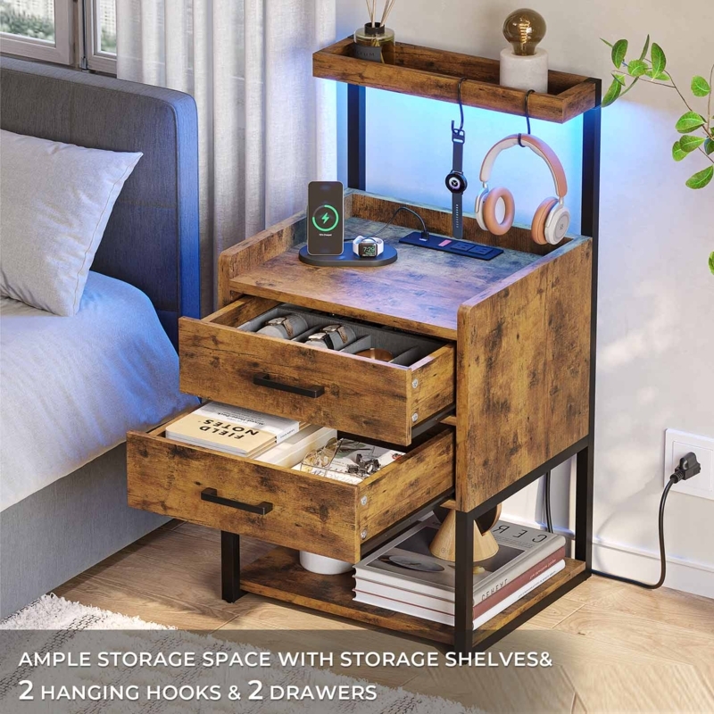 Tech-Forward Dark Wood Nightstand with Blue LED Cubby and Charging