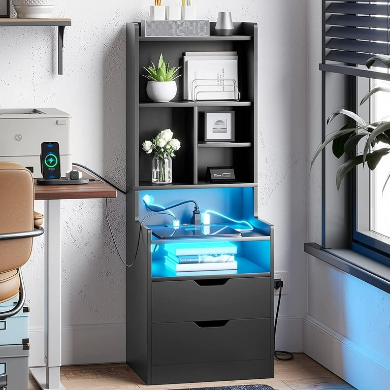 Tech-Ready Black and Gold Nightstand with Charging and LED