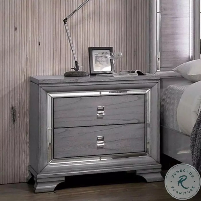 Textured Drawer Nightstand in Light Gray with Polished Silver Hardware