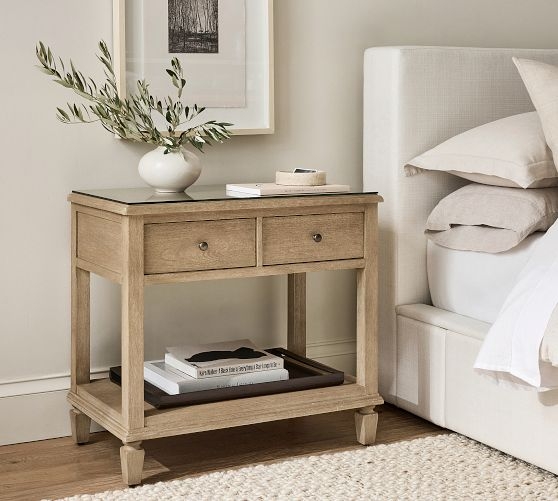 Textured Wood Nightstand Brass Hardware Coastal Bedroom Storage Chest