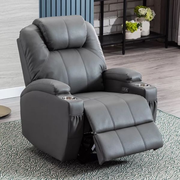 Theater Recliner Chair Smoky Gray Faux Leather Cup Holders Side Pockets