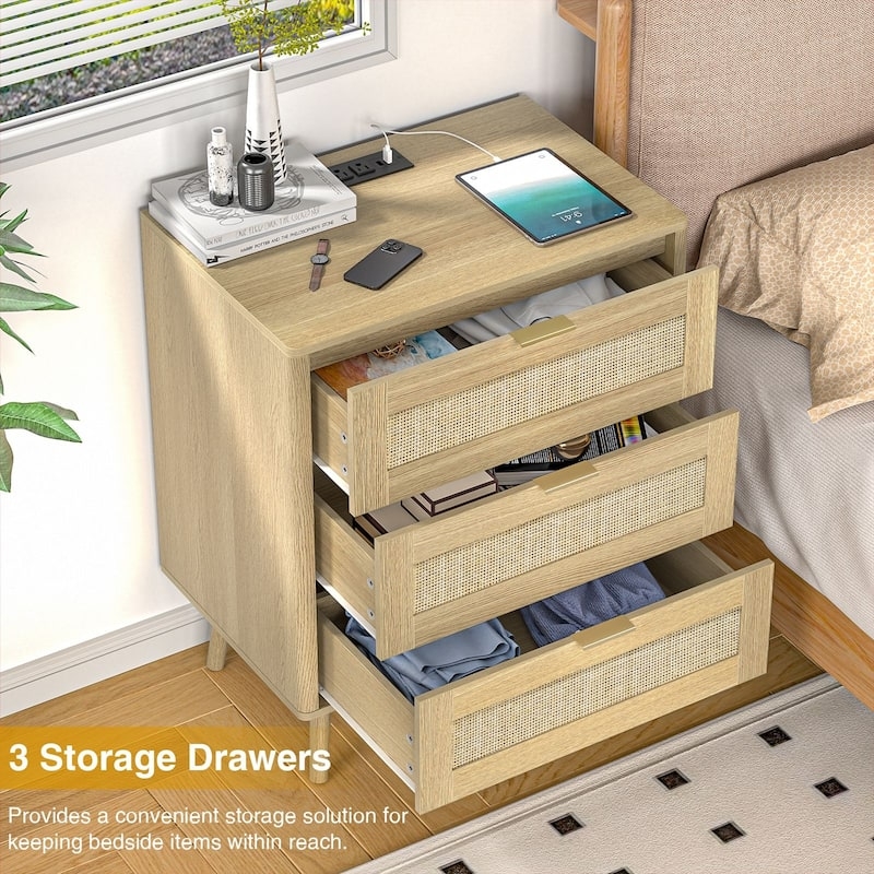 Three-Drawer Boho Nightstand with Woven Rattan Fronts